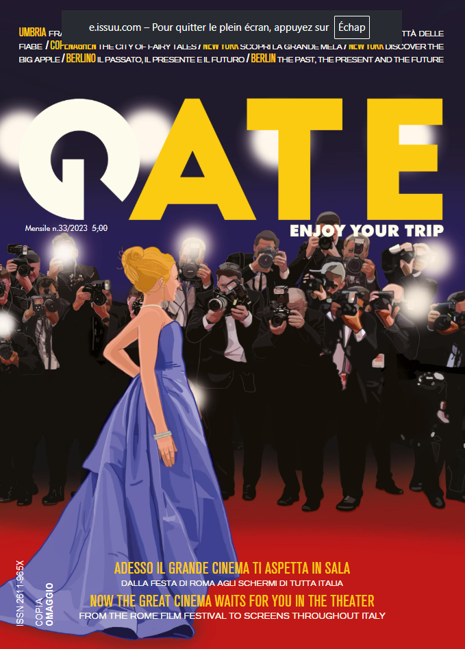 Gate magazine no. 33 cover illustrated by Sakina Zeghloul: a celebrity in a blue gown posing under camera flashes at a film festival, 2023